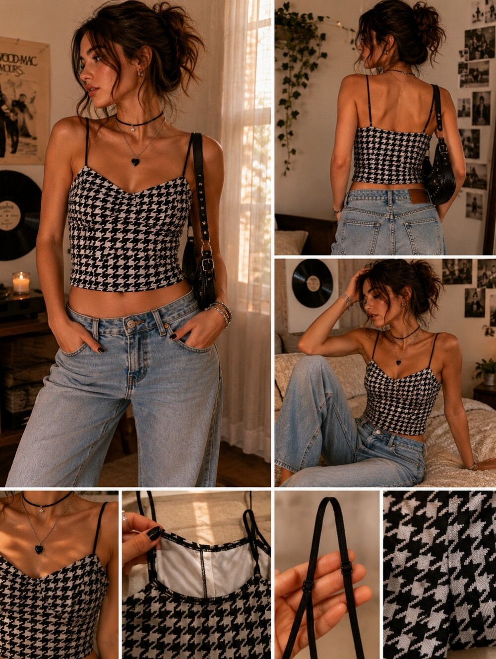 Size Large Spaghetti Strap Houndstooth Print Crop Top